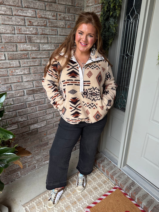 Beige Western Aztec Half Zip Plush Sweatshirt - PREORDER