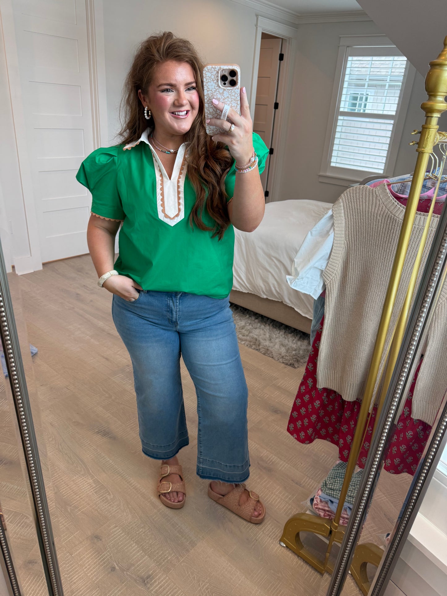 Bright Green Ricrac Trim Color Block Patchwork Shirt Collar Short Sleeve Blouse - PREORDER