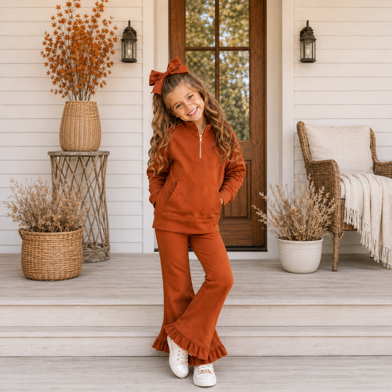 Girls Rust Sweatsuit Ruffle Pant Set- PREORDER