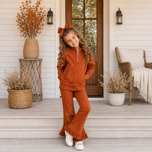 Girls Rust Sweatsuit Ruffle Pant Set- PREORDER