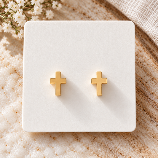 Gold Cross Stud Flat Back Earrings - PREORDER