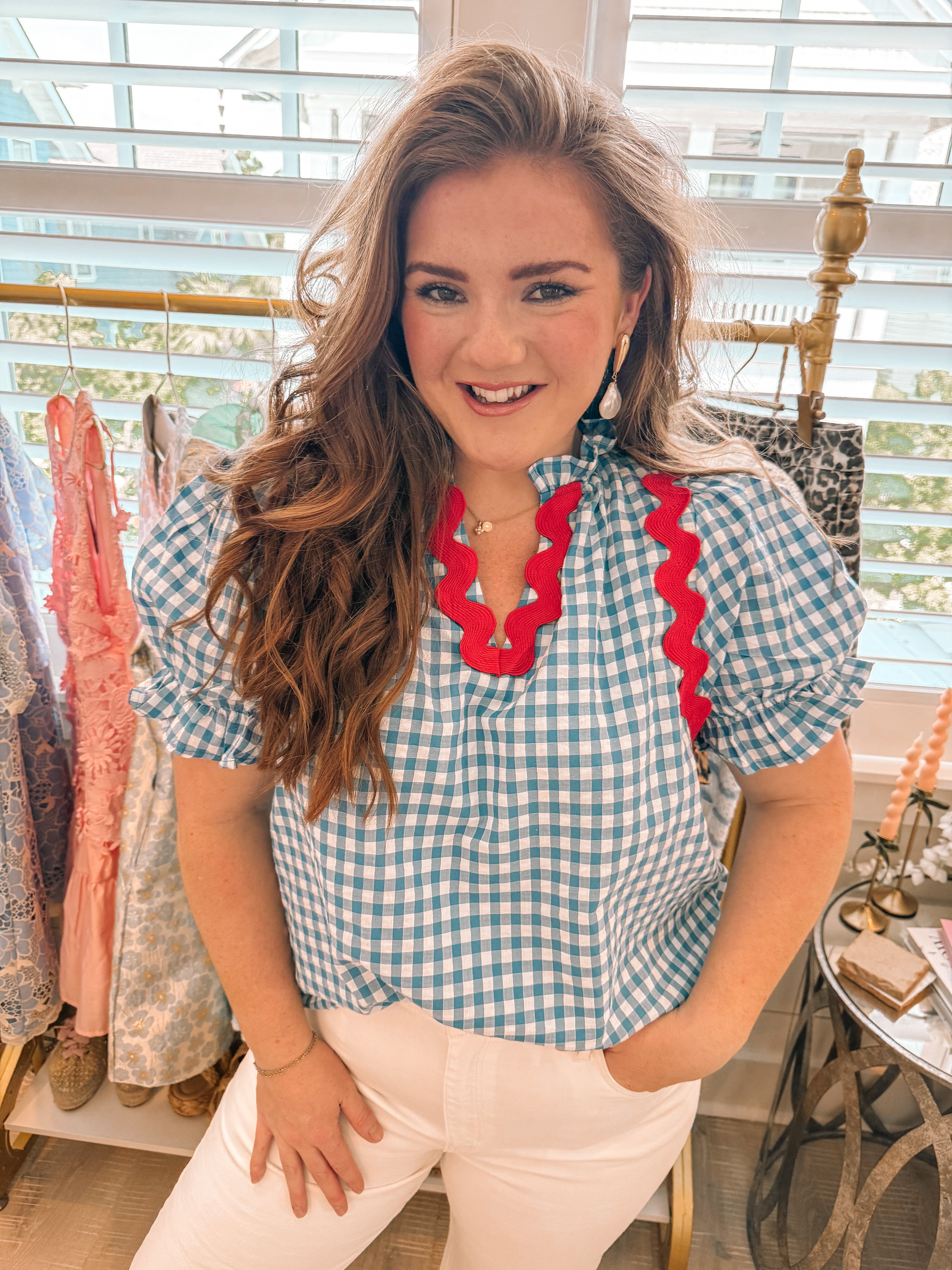 Blouse Trimmings Ric Rac Ric-rac Trimmed Gingham Check Puff Sleeve Blouse – House Of Halle Boutique