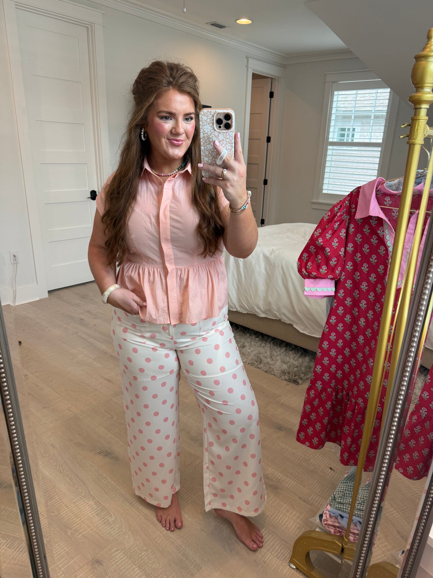 Peach Button Down Babydoll Solid Woven Blouse
