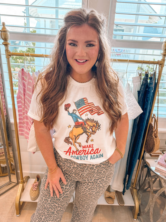 White MAKE AMERICA COWBOY AGAIN Graphic Crewneck Tee - PREORDER