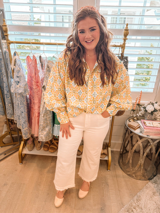 Green Boho Floral Print Frilly Detail Puff Sleeve Shirt - PREORDER