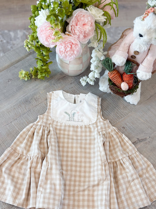 Apricot Plaid Embroidered Bunny Sleeveless Dress