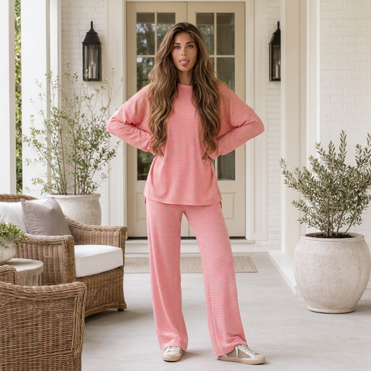 Pink Stripe Striped Drop Shoulder Long Sleeve Pant Set - PREORDER