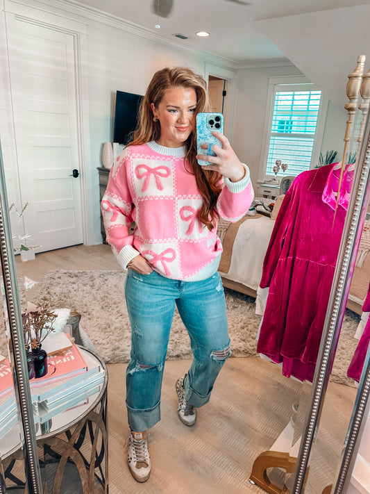 Pink Bow Knot Two Tone Checkered Crew Neck Sweater PREORDER