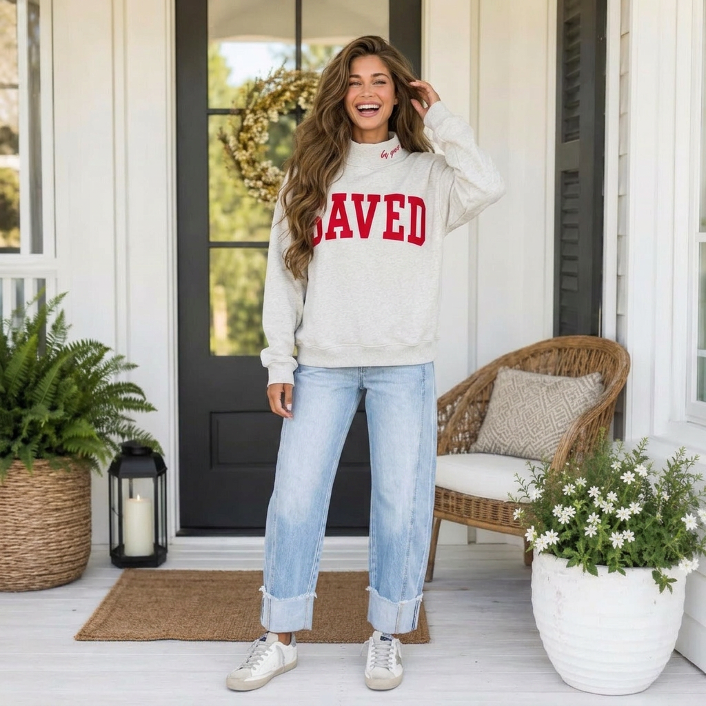 Gray Saved By Grace Embroidered Detail Letter Graphic High Neck Sweatshirt - PREORDER