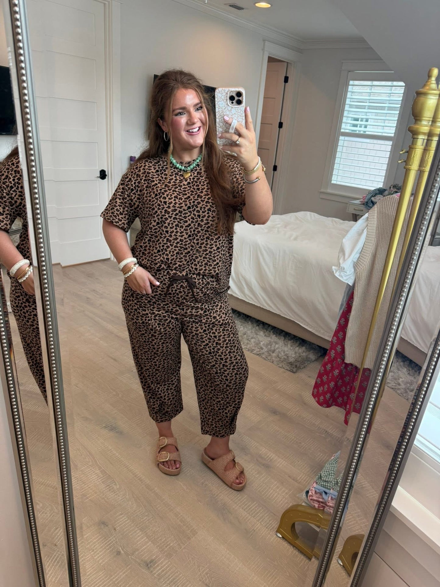 Brown Leopard Loose Tee Drawstring Waist Barrel Pants Set