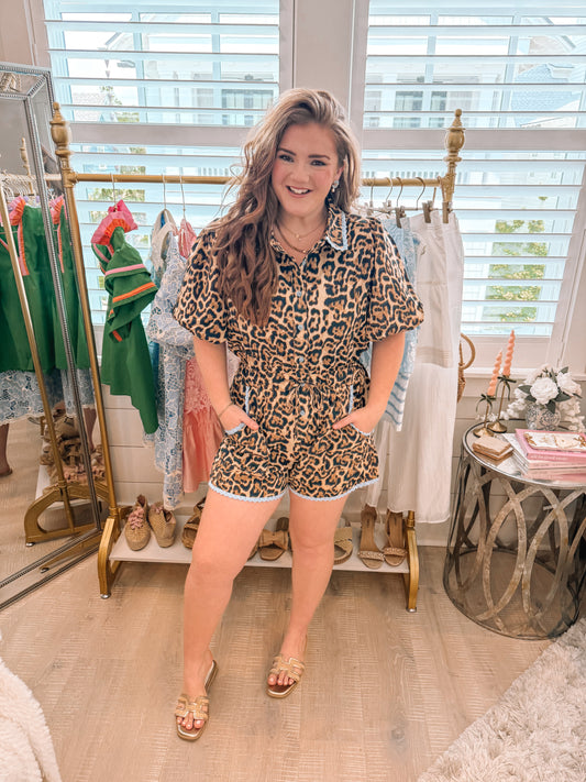 Lace Trimmed Leopard Print Button Down Romper