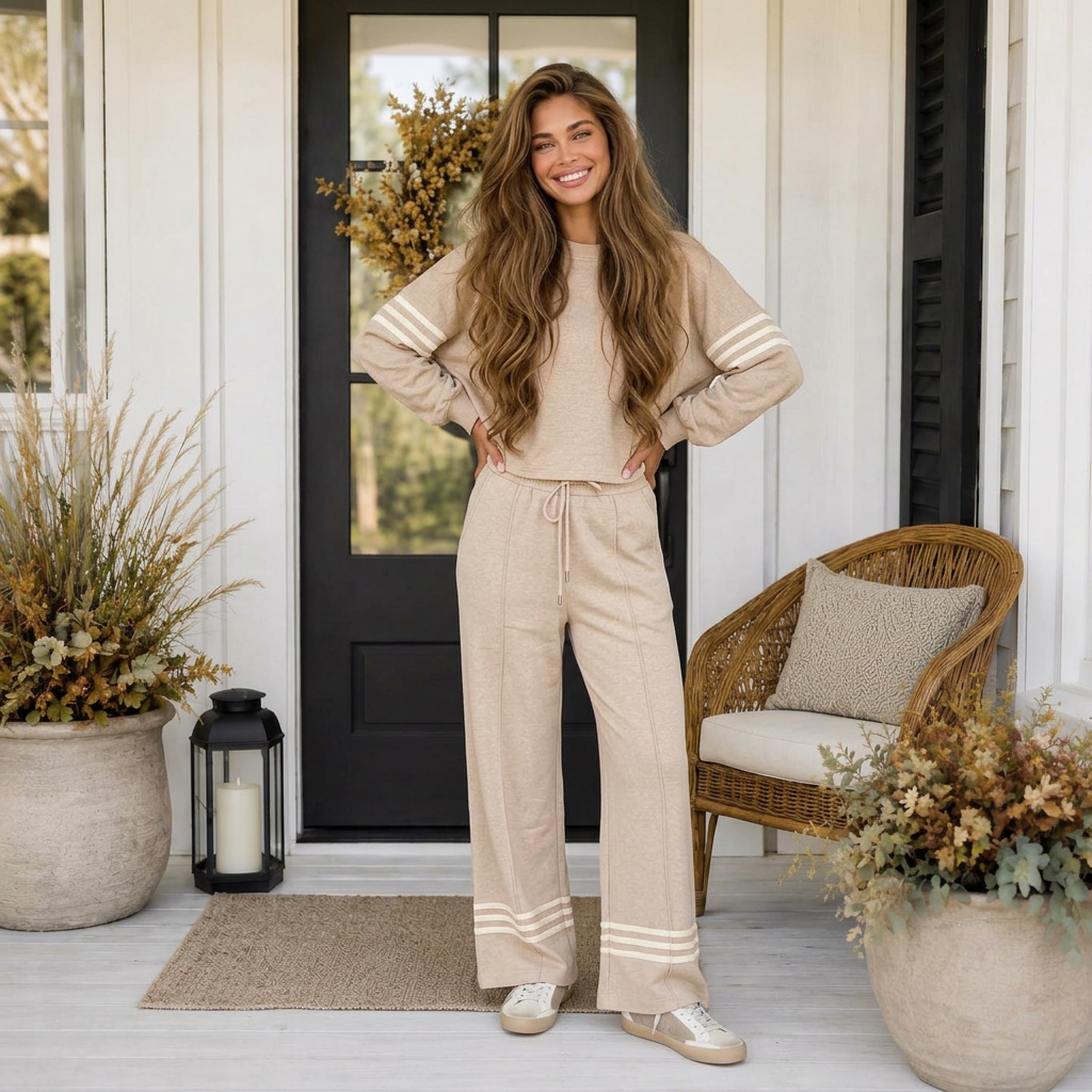 Beige Varsity Stripe Set - PREORDER