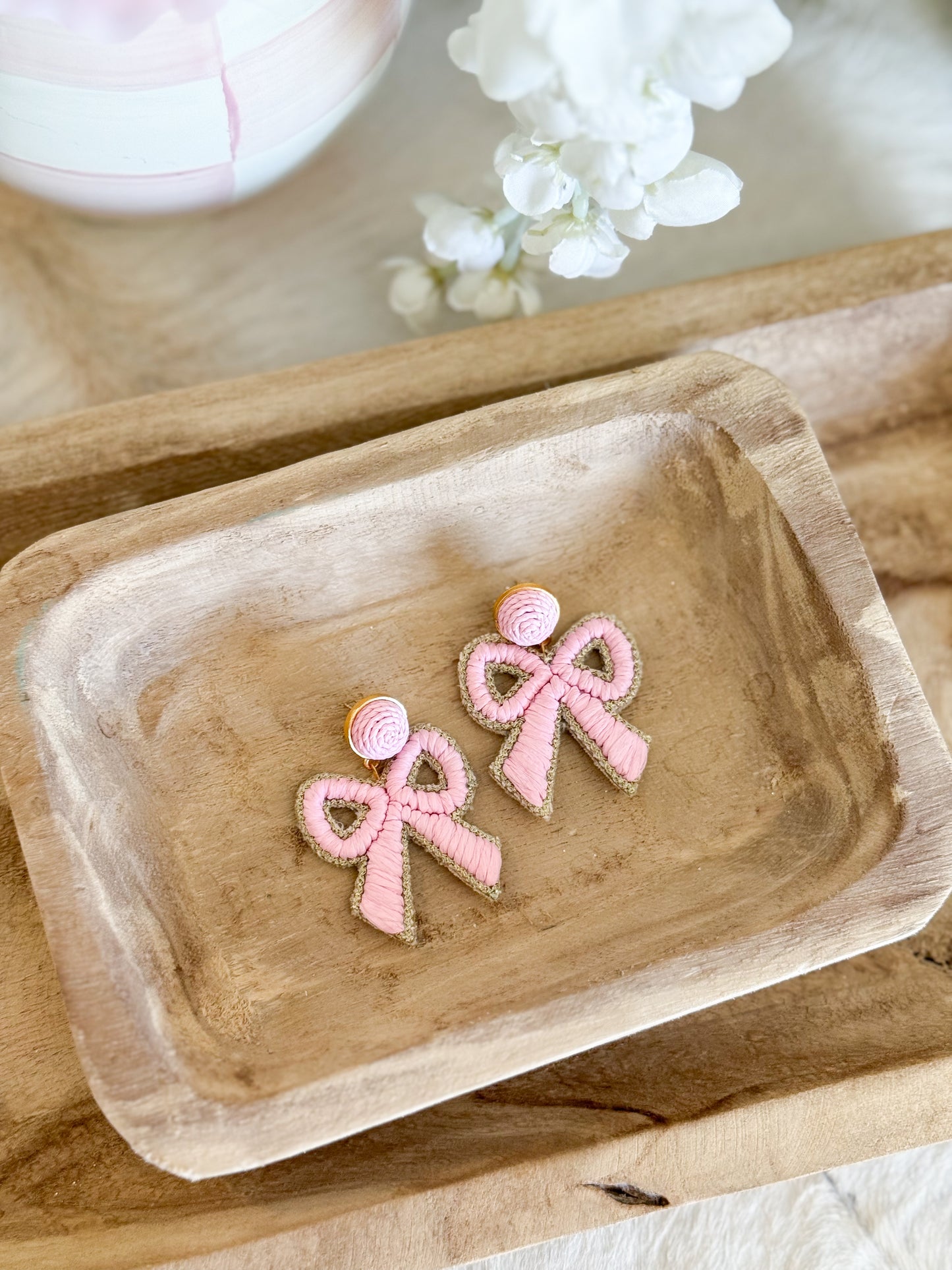 Pink Bow Raffia Earrings