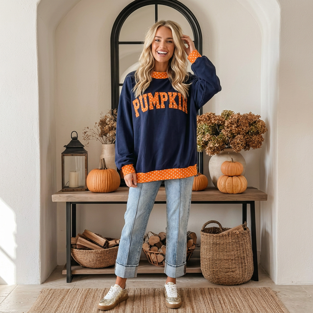Pumpkin Polka Dot Letter Print Contrast Trim Mock Neck Sweatshirt - PREORDER