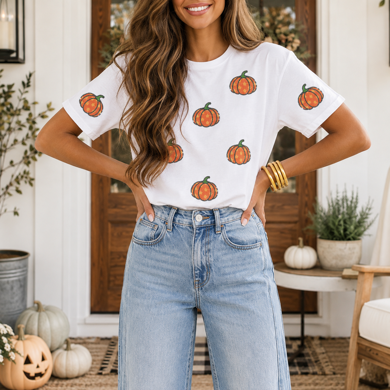 White Sequined Star Pumpkin Graphic Casual Round Neck T Shirt - PREORDER