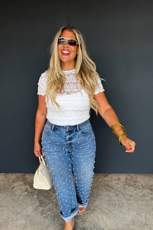 DENIM & PEARLS CROP JEAN