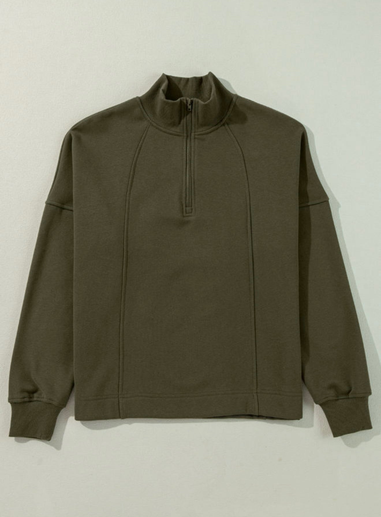 Green Zipped Neck Pullover Drop Shoulder Sweatshirt - PREORDER