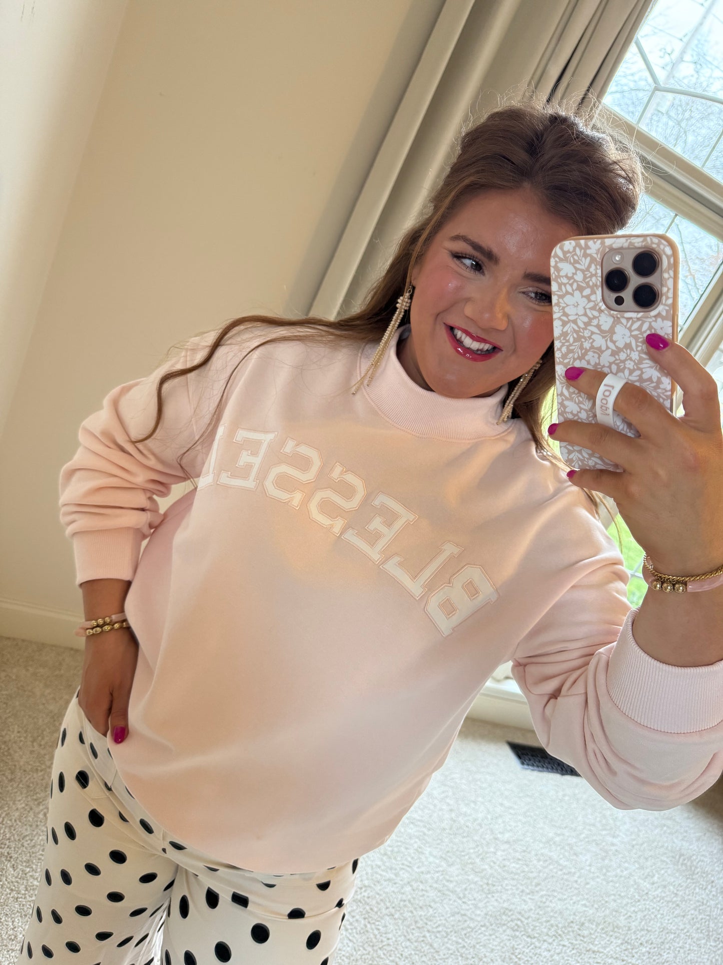 Light Pink Oversize Blessed Embroidered Mock Neck Sweatshirt