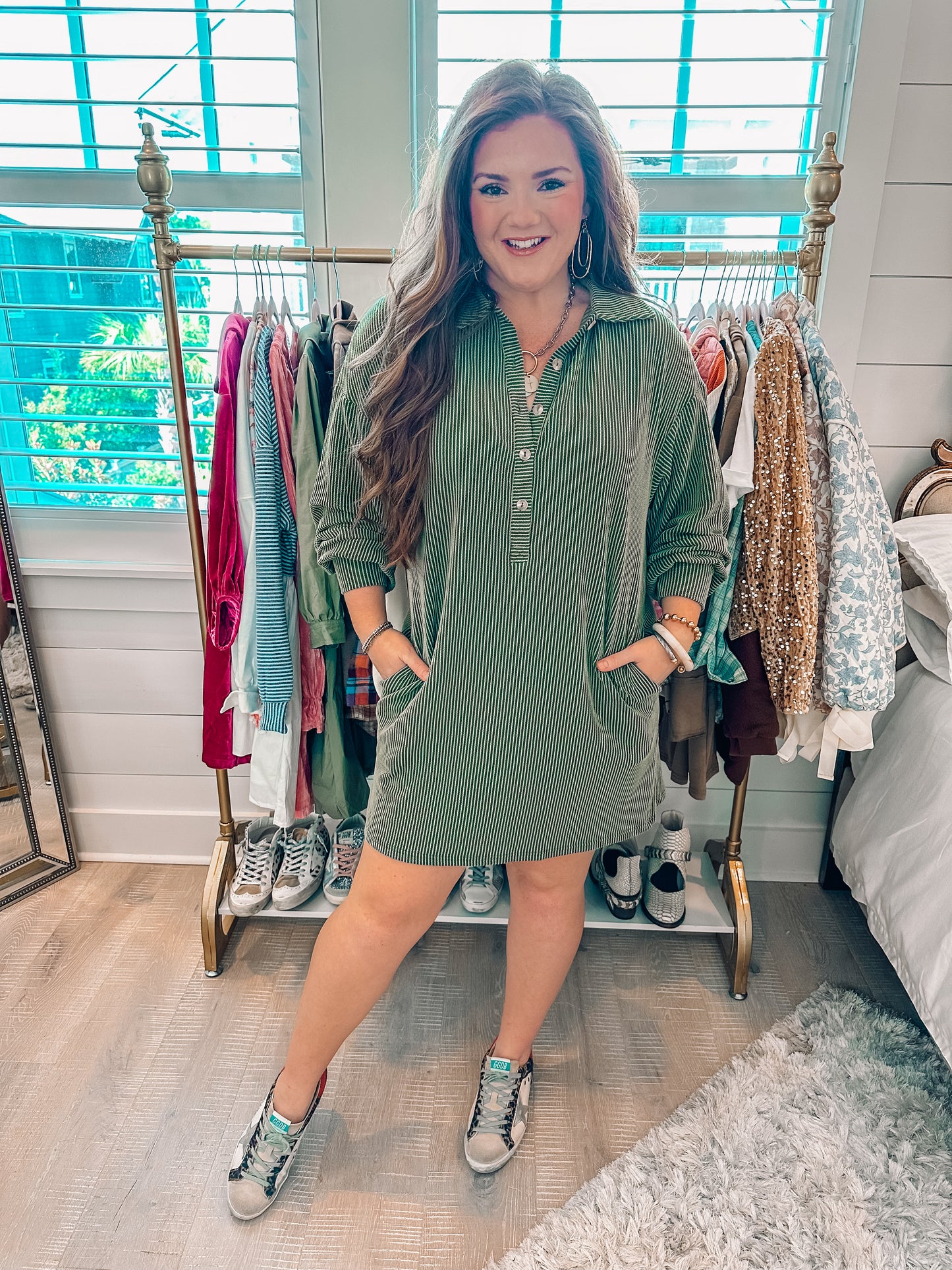 Moss Green Corded Shift Dress PREORDER