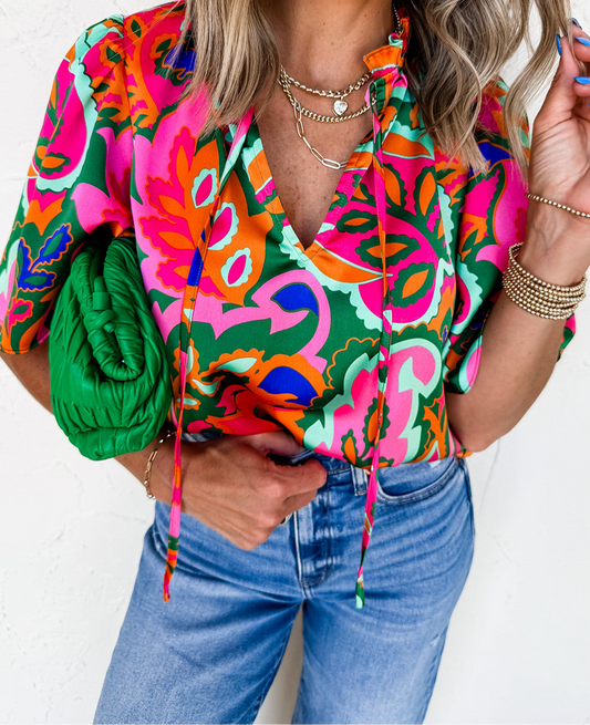 Rose Summer Plant Print Lace up V Neck Short Sleeve Blouse - PREORDER