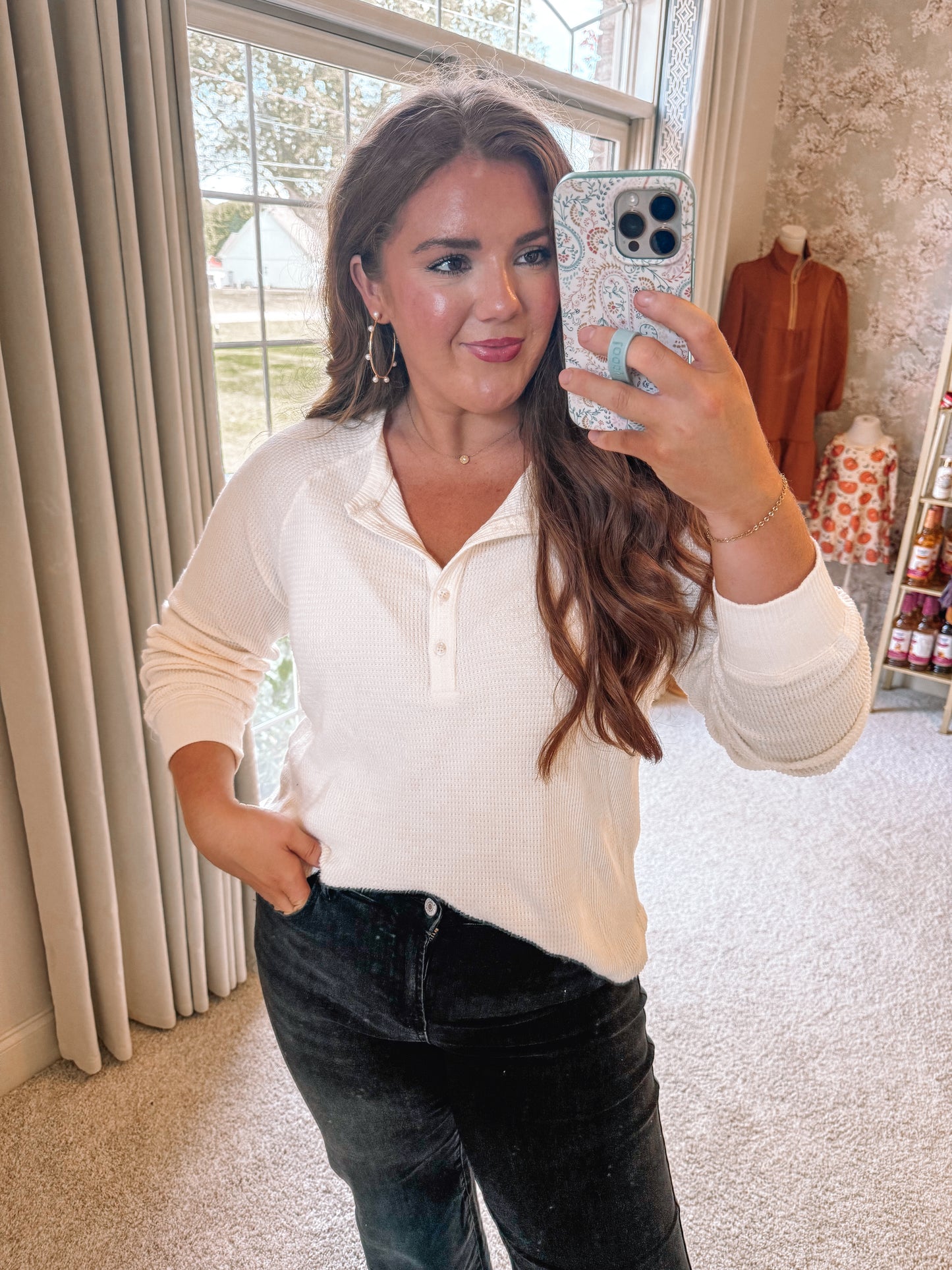 Oatmeal Textured Knit Half Buttons Henley Top - PREORDER