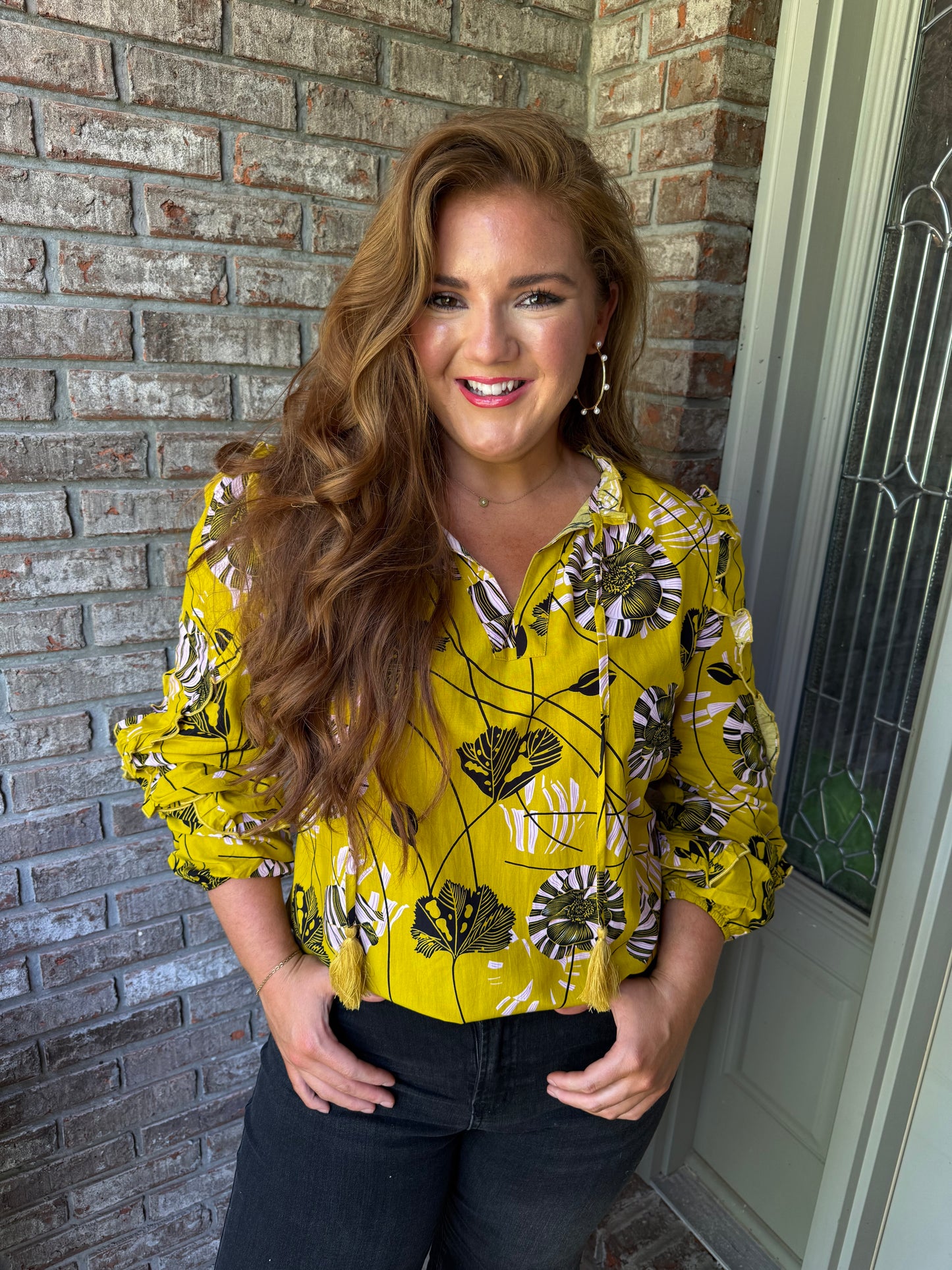 Vintage Floral V Neck Ruffle Trim Long Sleeve Blouse