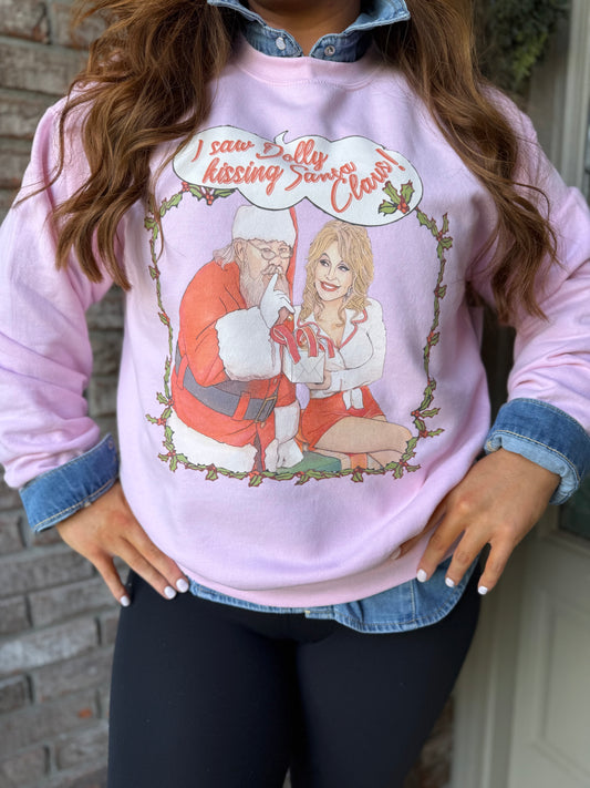 I Saw Dolly Kissing Santa Clause Pink Thrifted Sweatshirt
