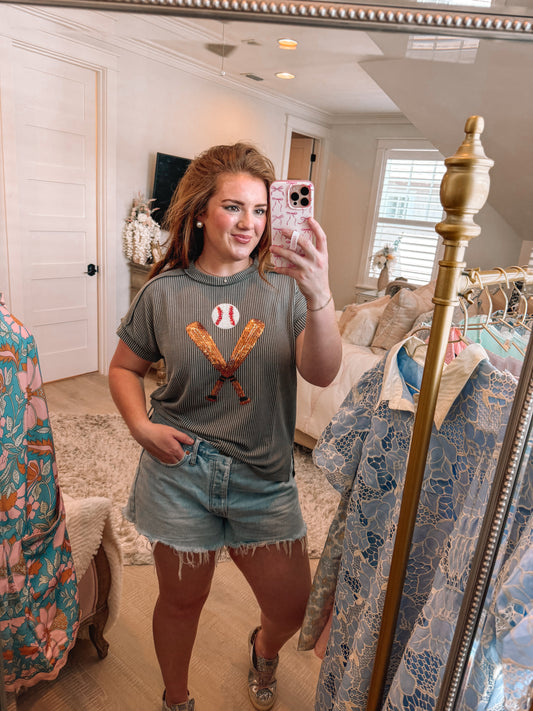 Grey Sequin Baseball Crewneck T Shirt