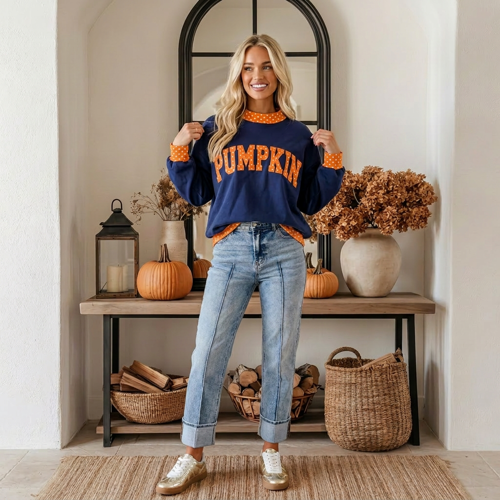 Pumpkin Polka Dot Letter Print Contrast Trim Mock Neck Sweatshirt - PREORDER