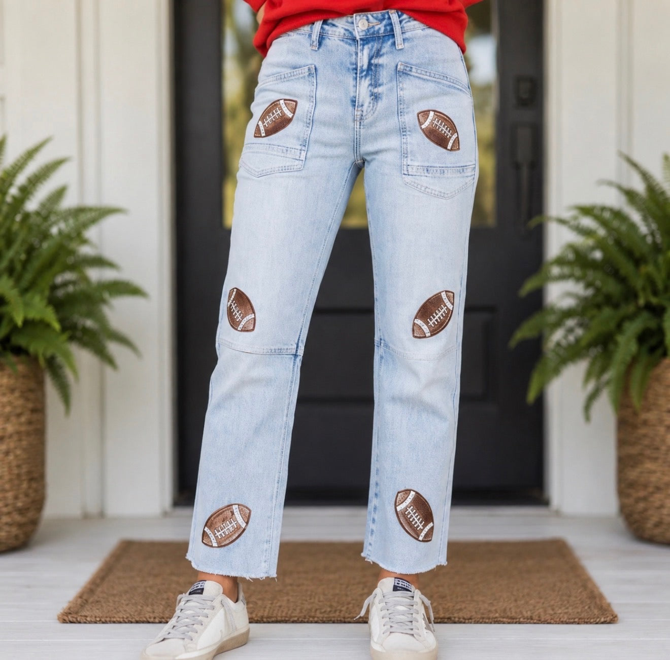 Beau Blue Sequin Detail Patched Rugby Pattern Raw Hem Shift Jeans - PREORDER