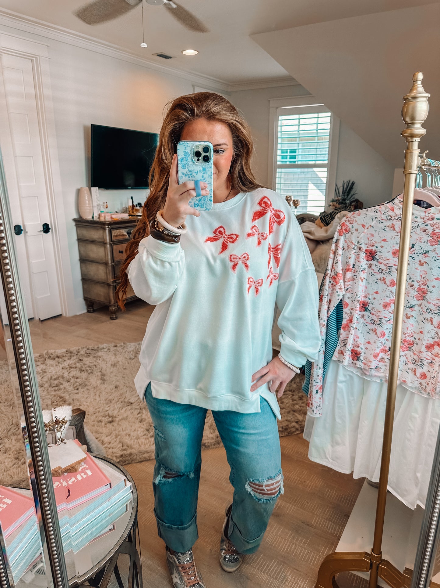 White Sequin Bowknot High Low Oversize Sweatshirt