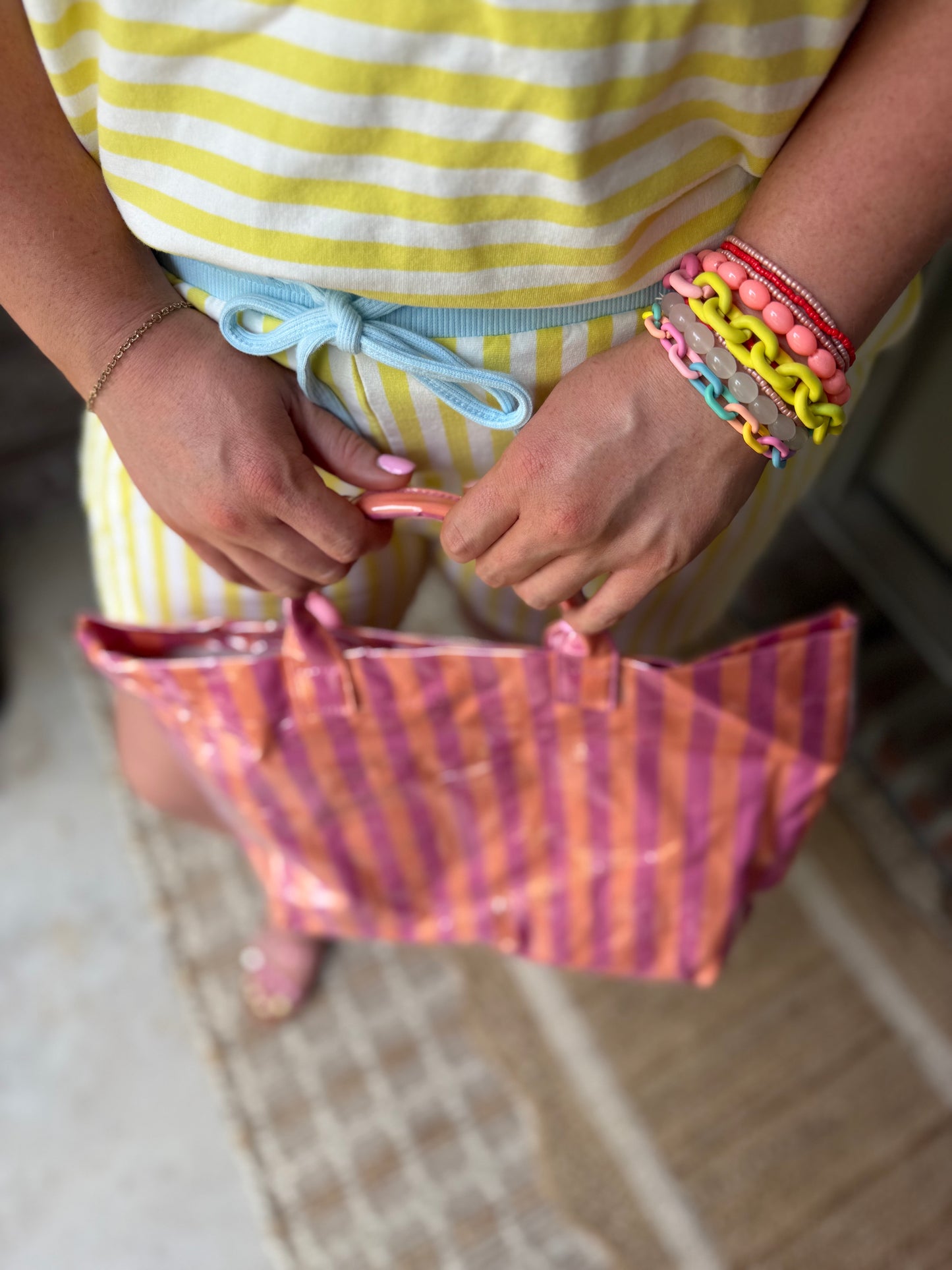 Pink Colorful Beaded Chain Link Layered Bracelet Set