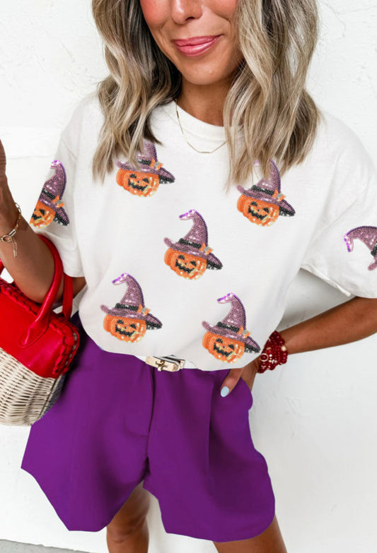 White Sequin Pumpkin Witch Halloween Graphic Tee - PREORDER