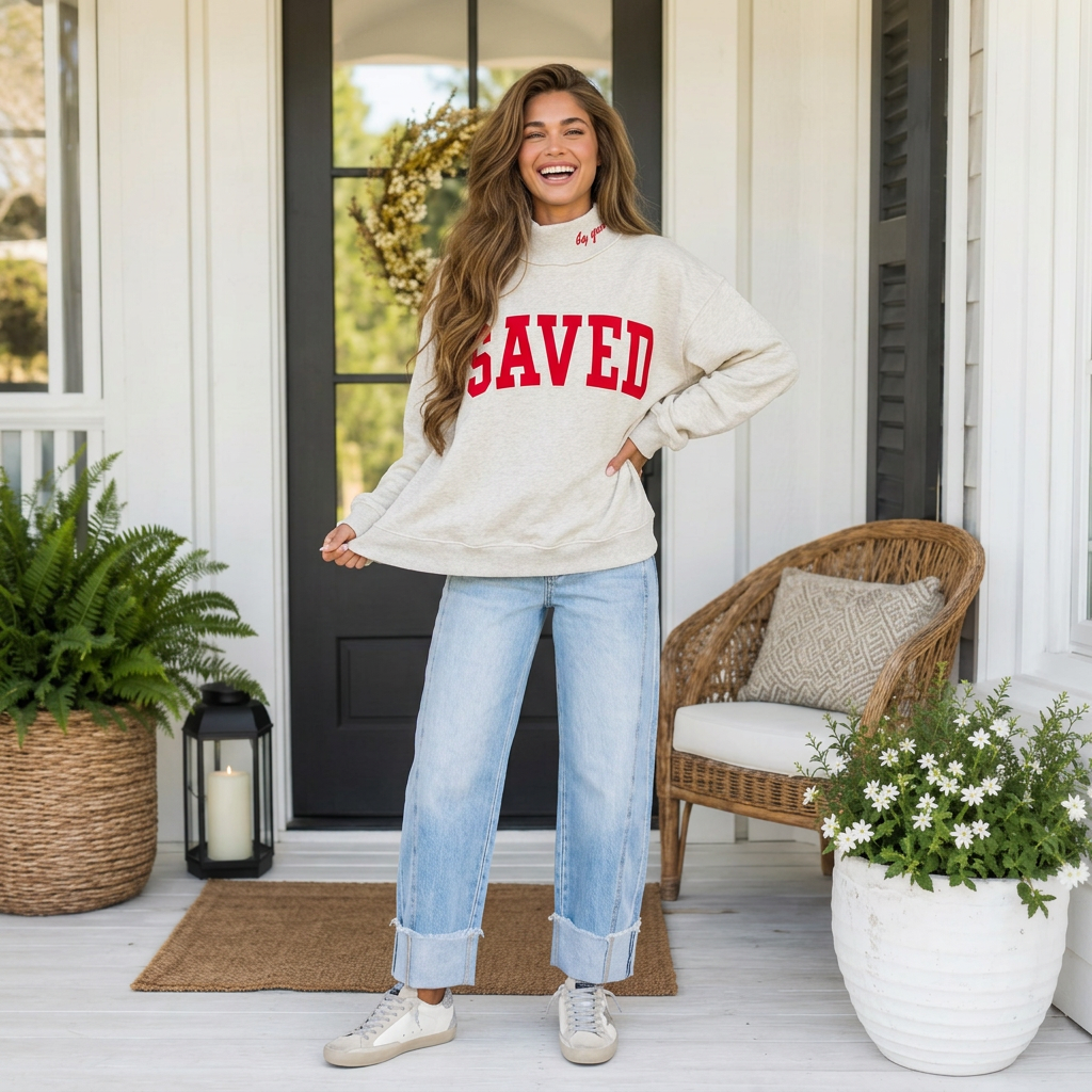 Gray Saved By Grace Embroidered Detail Letter Graphic High Neck Sweatshirt - PREORDER