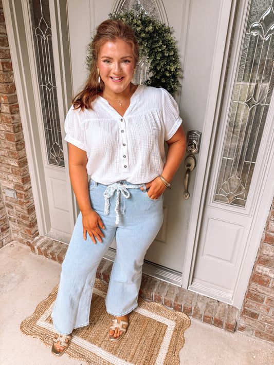 Braided Belt Detail Stretch Flare Denim Jeans