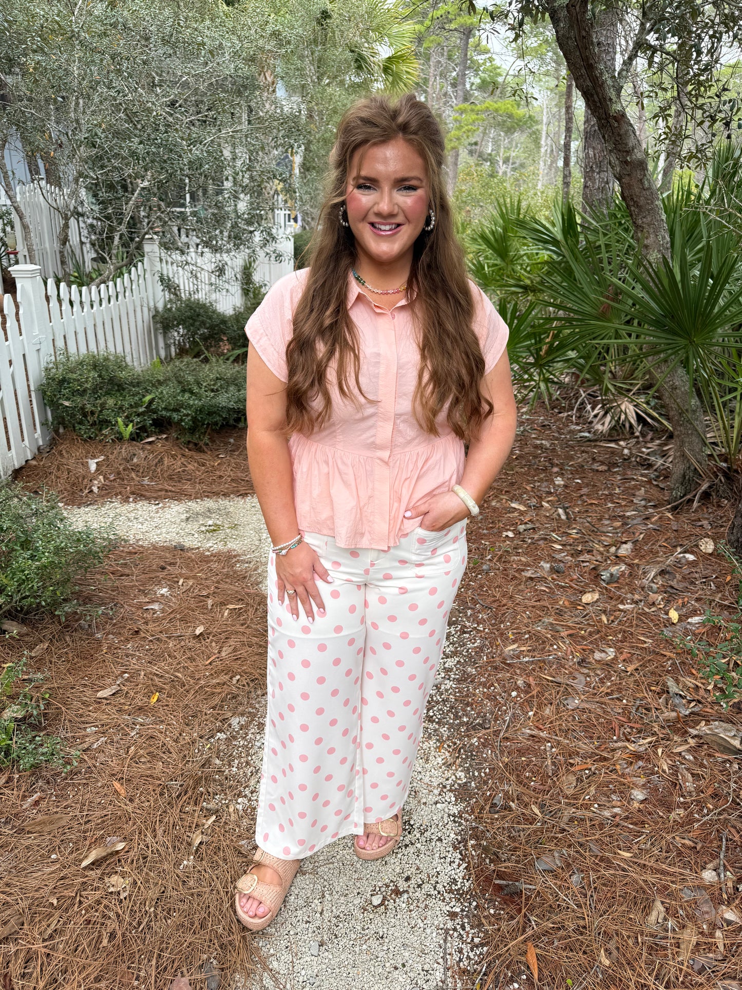 Peach Button Down Babydoll Solid Woven Blouse