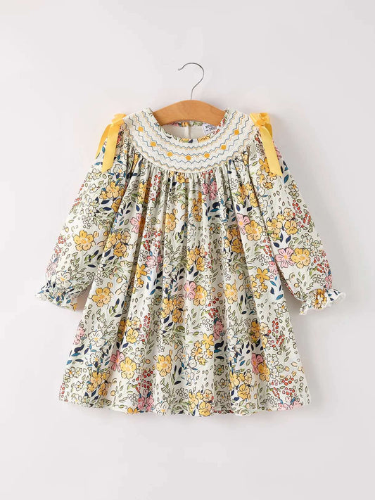 Fall Embroidery Smocking Bow Floral Leaf Baby Girls Dress - PREORDER