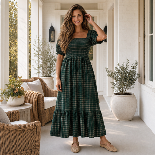 Green Plaid Square Neck Shirred High Waist Ruffle Hem Dress - PREORDER