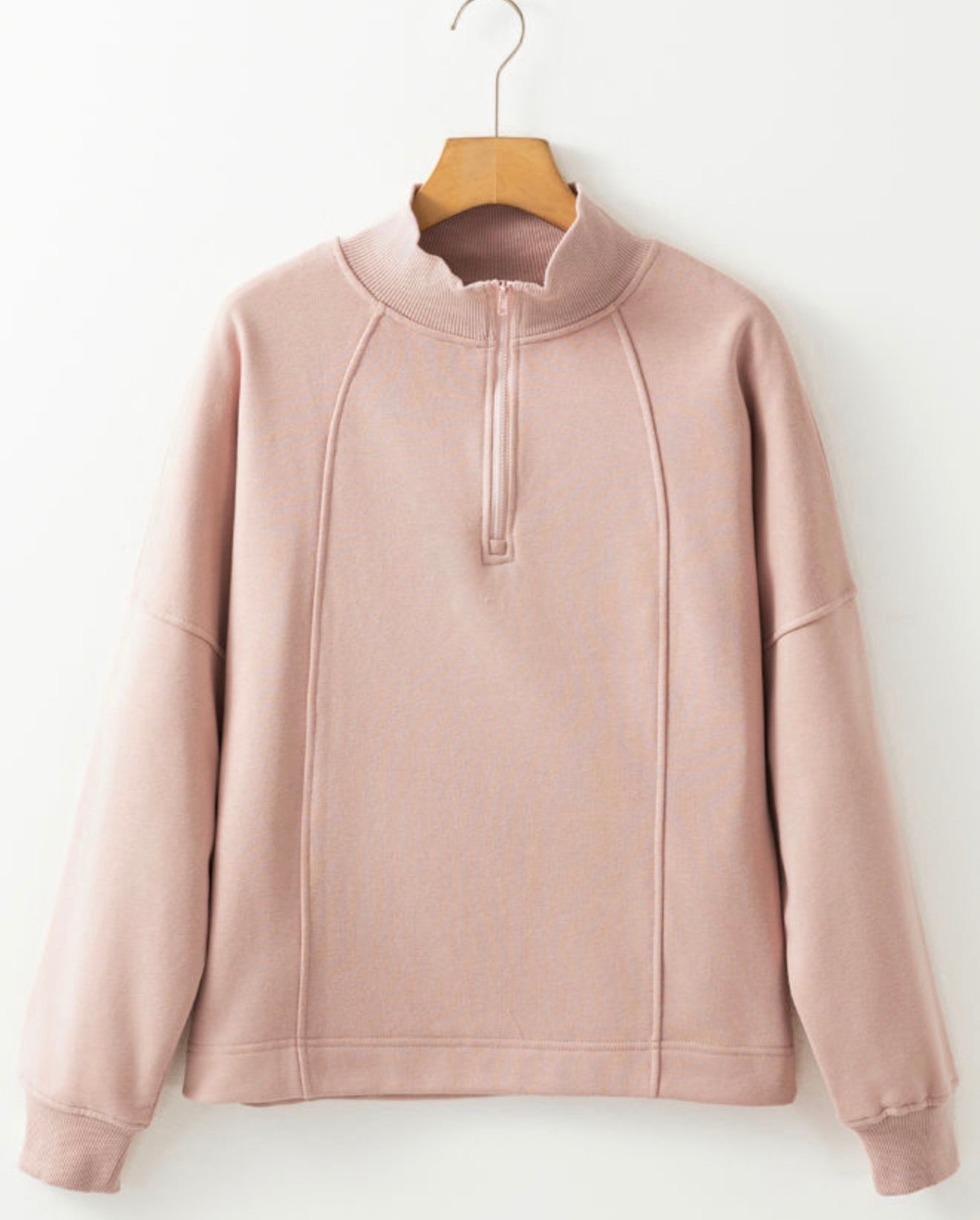 Blush Zipped Neck Pullover Drop Shoulder Sweatshirt - PREORDER