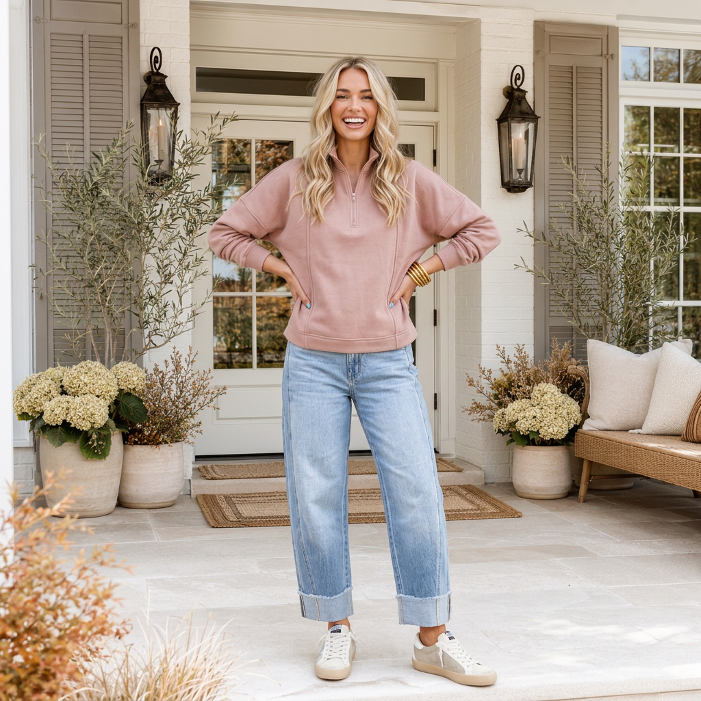 Blush Zipped Neck Pullover Drop Shoulder Sweatshirt - PREORDER