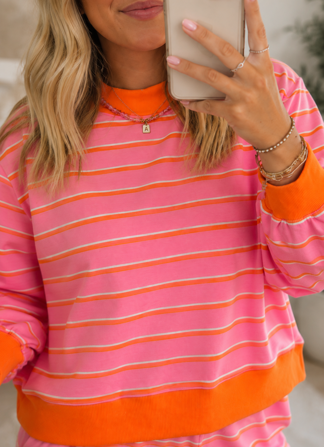 Rose Stripe Color Block Trim Long Sleeve Pullover Pocketed Shorts 2pcs Set - PREORDER
