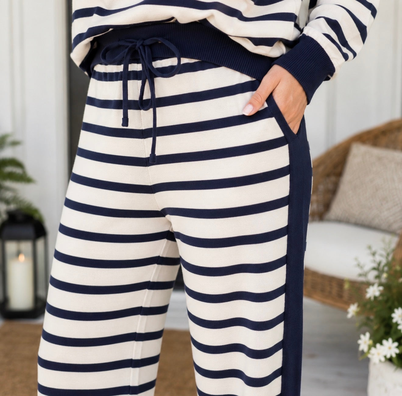 Navy Stripe Relaxed Long Sleeve Top Color Block Detail Drawstring Pant Set - PREORDER