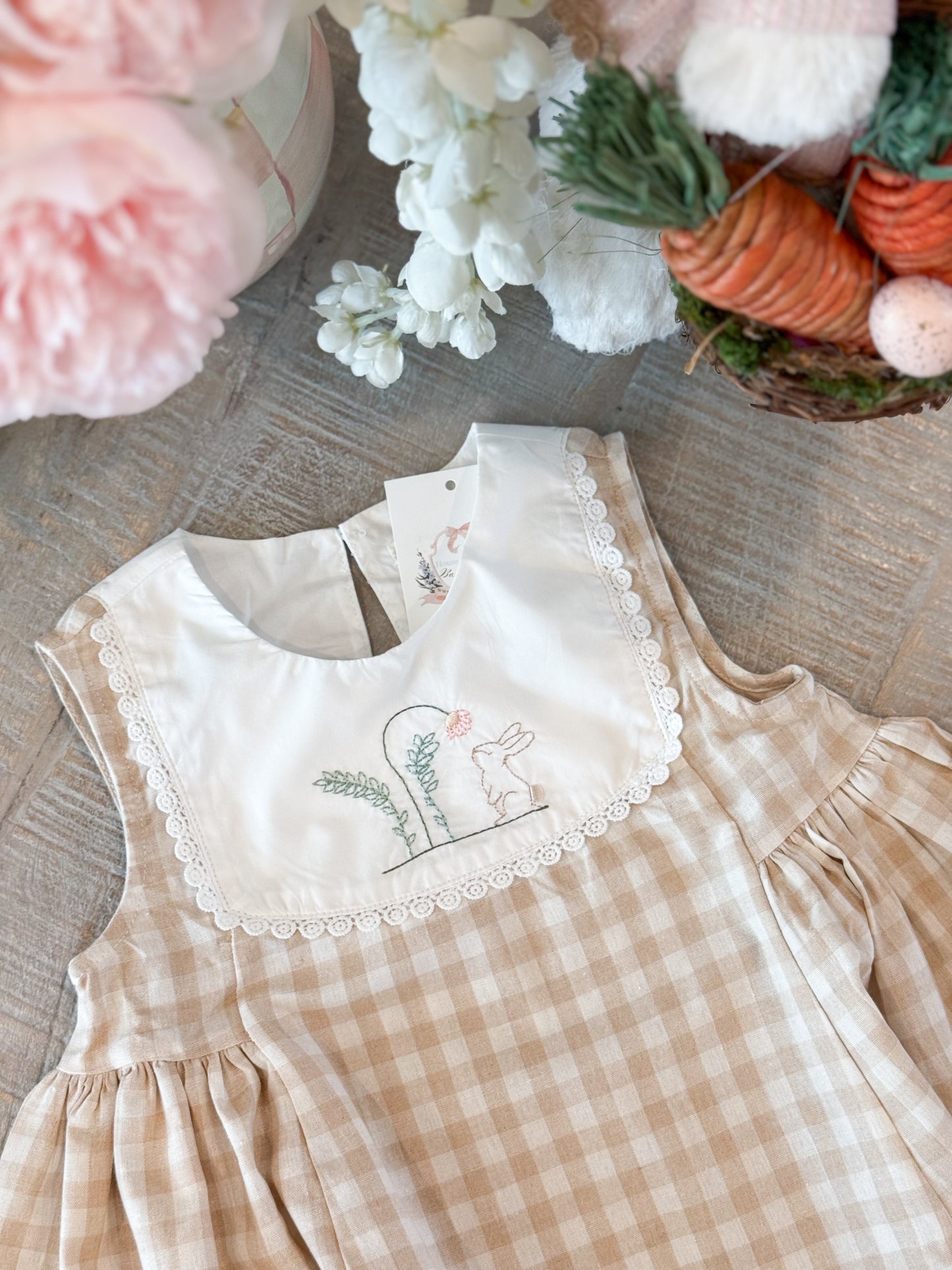 Apricot Plaid Embroidered Bunny Sleeveless Dress