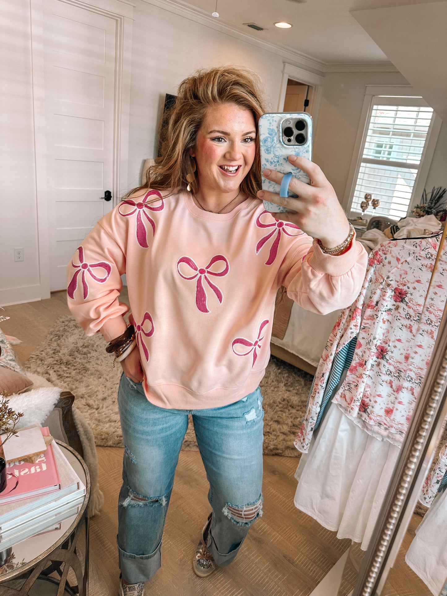 Pink Sequin Bow Knot Drop Shoulder Oversized Sweatshirt