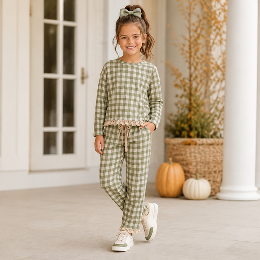 Girls Green Gingham Ruffle Detail Pant Set - PREORDER