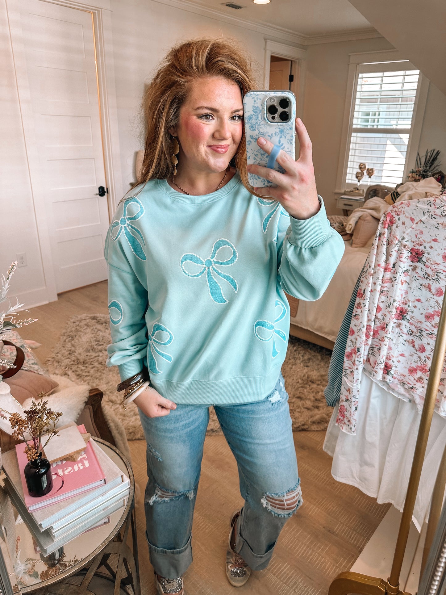 Beau Blue Sequin Bow Knot Drop Shoulder Oversized Sweatshirt