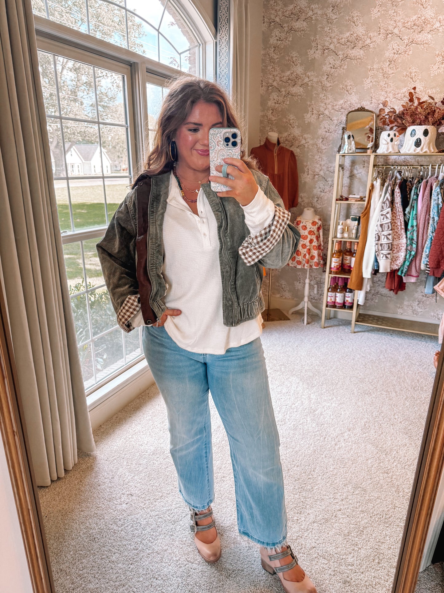 Green Corduroy Jacket With Leather Collar