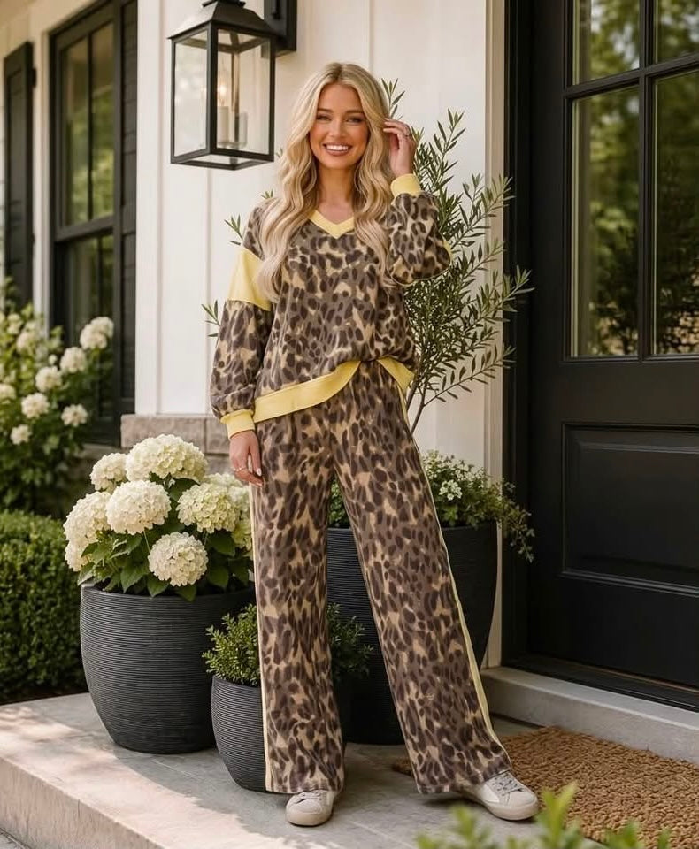 Brown Leopard Print Long Sleeve V-Neck Wide Leg Pant Set - PREORDER