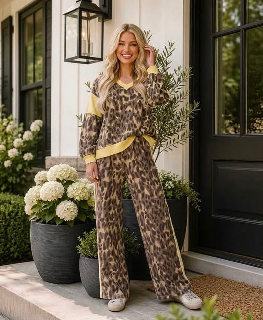 Brown Leopard Print Long Sleeve V-Neck Wide Leg Pant Set - PREORDER