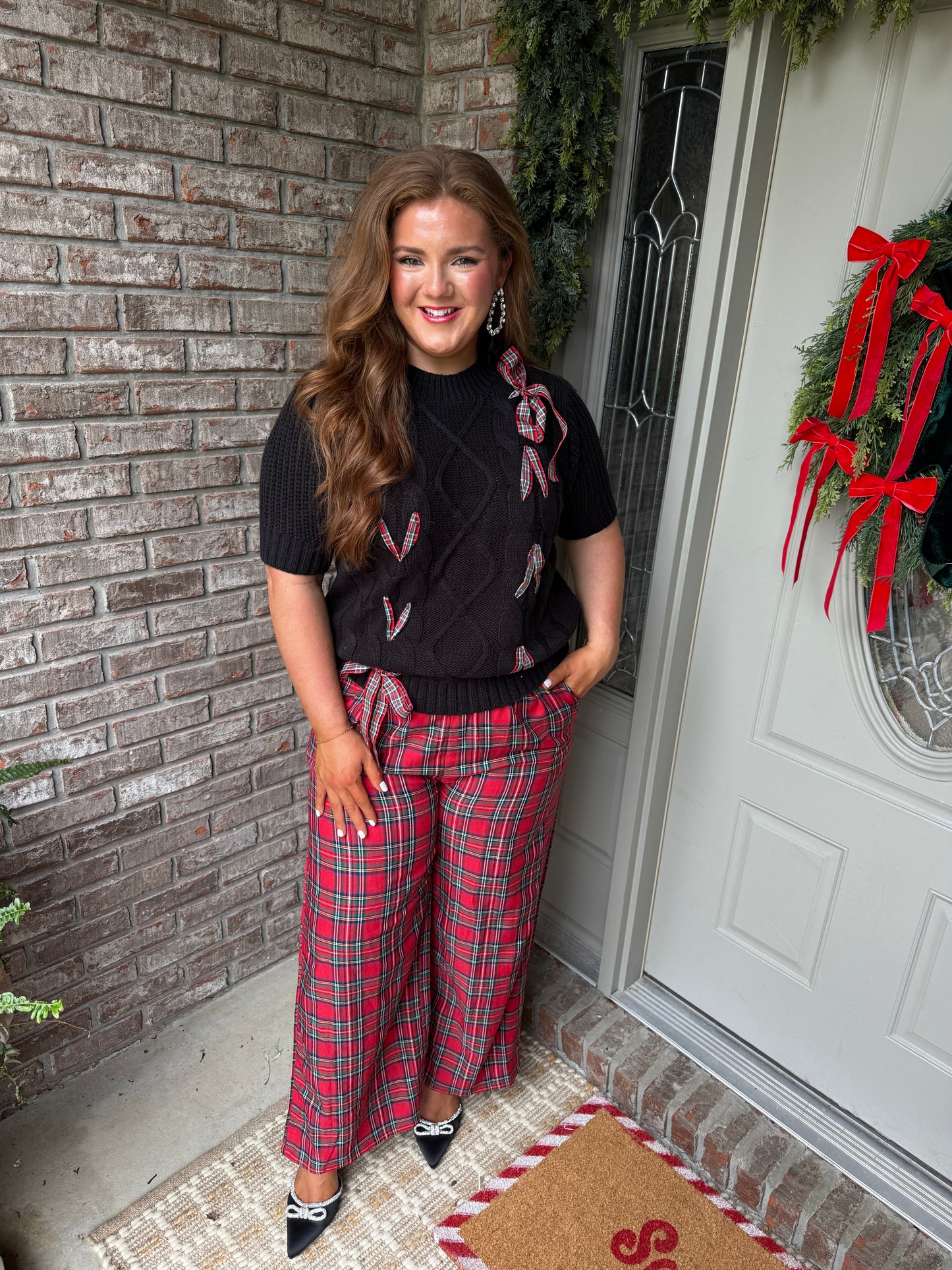 Black Plaid Lace up Detail Christmas Holiday Puff Short Sleeve Sweater - PREORDER